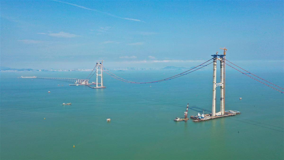 世界海中最高深中通道伶仃洋大桥猫道贯通