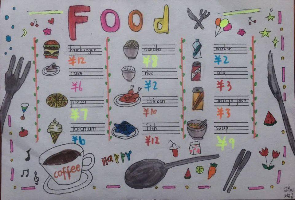 menu,孩子们集思广益,画出了一张张色彩多样的菜单
