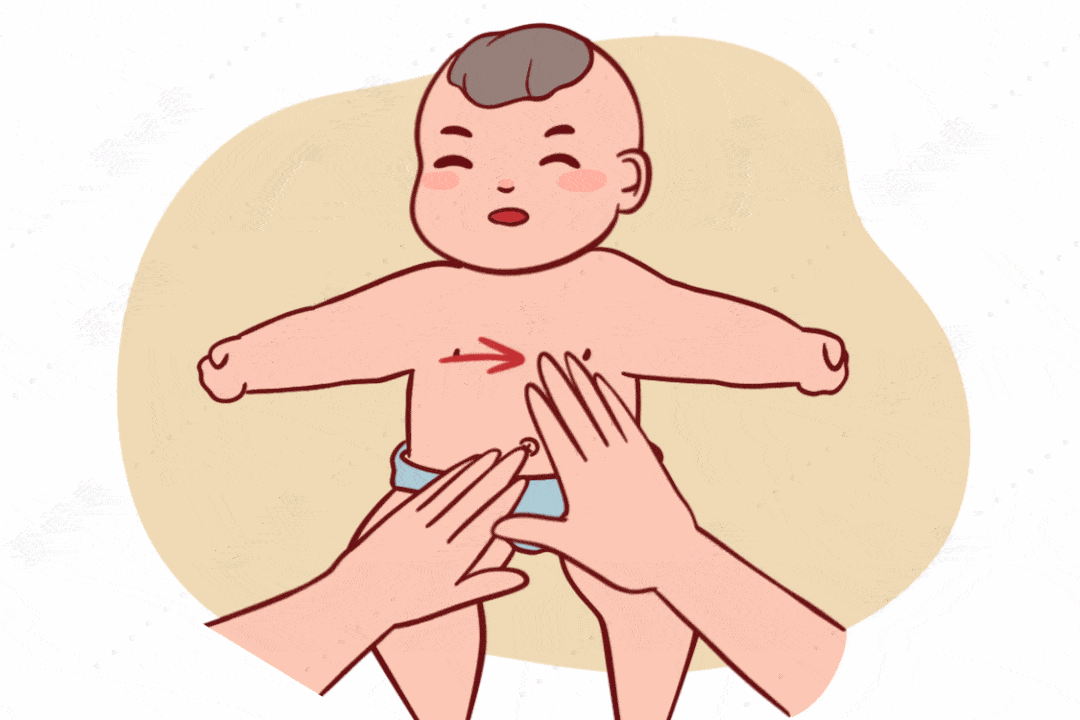 用手掌以宝宝肚脐为中心,顺时针按摩小肚子,一圈为一个回合,注意力度