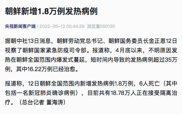 朝鲜新增18万例发热病例