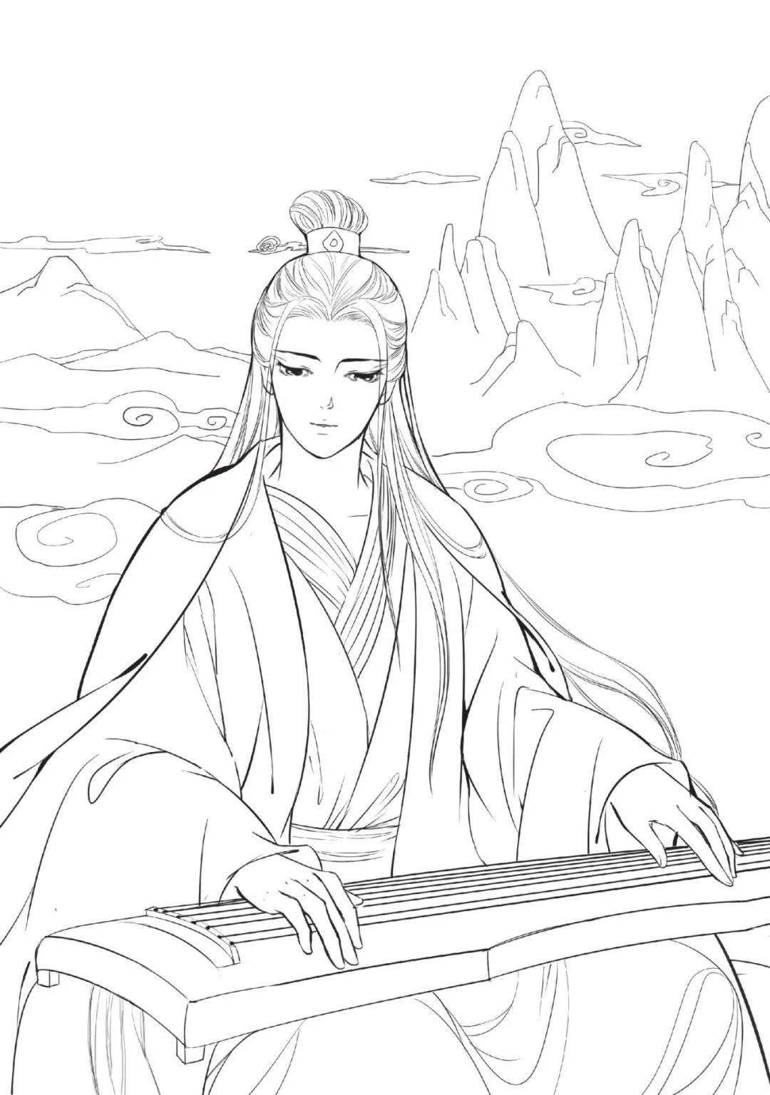 一组古风手绘线稿,唯美_素材_人物_物品