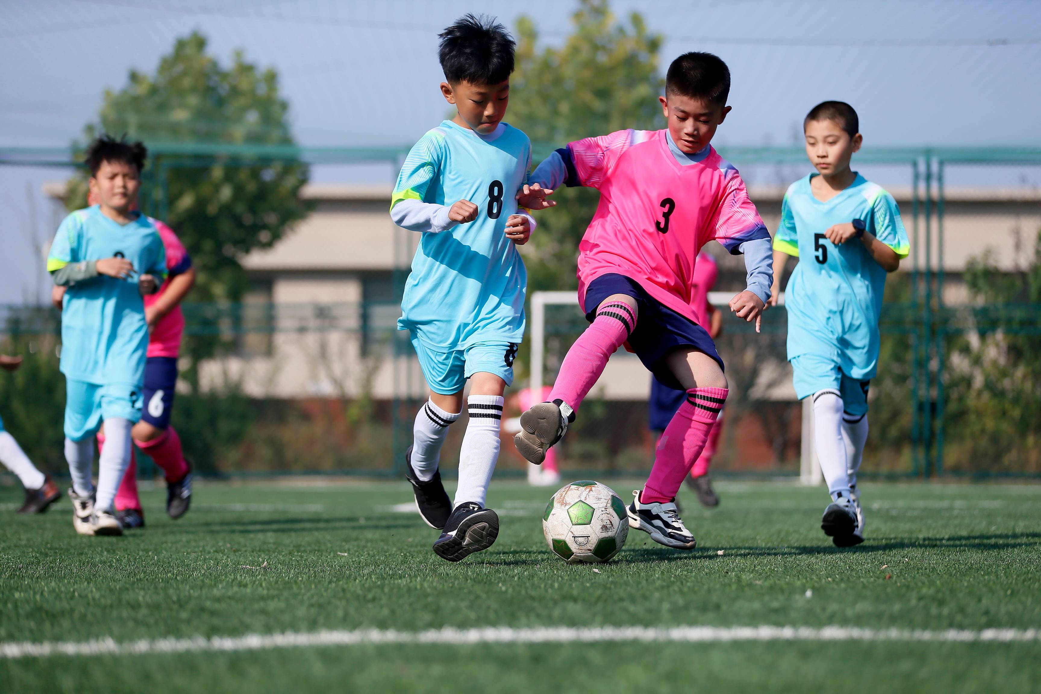 山东省青岛市即墨区龙山街道团彪庄村的小学生在足球场踢球