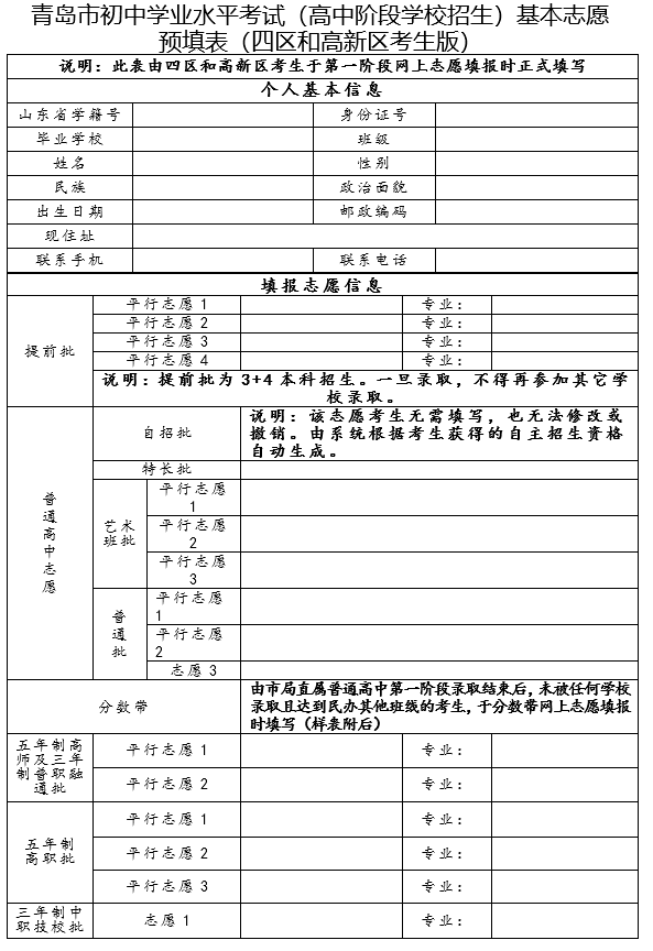 中考志愿代码及预填表一览_年级_青岛_备注