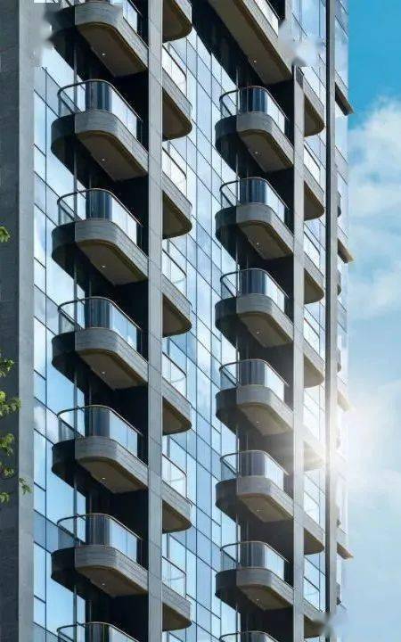 建筑外立面主要由玻璃幕墙组成,饰以上等花岗岩石材,露台以曲面玻璃围