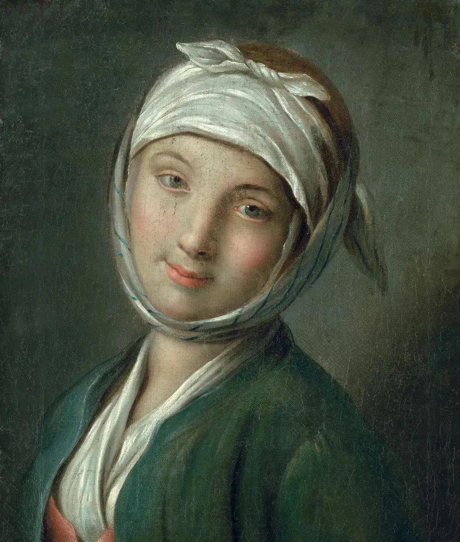 头戴白色头巾的年轻女子戴珍珠耳环的微笑少女画像伊卡捷琳娜