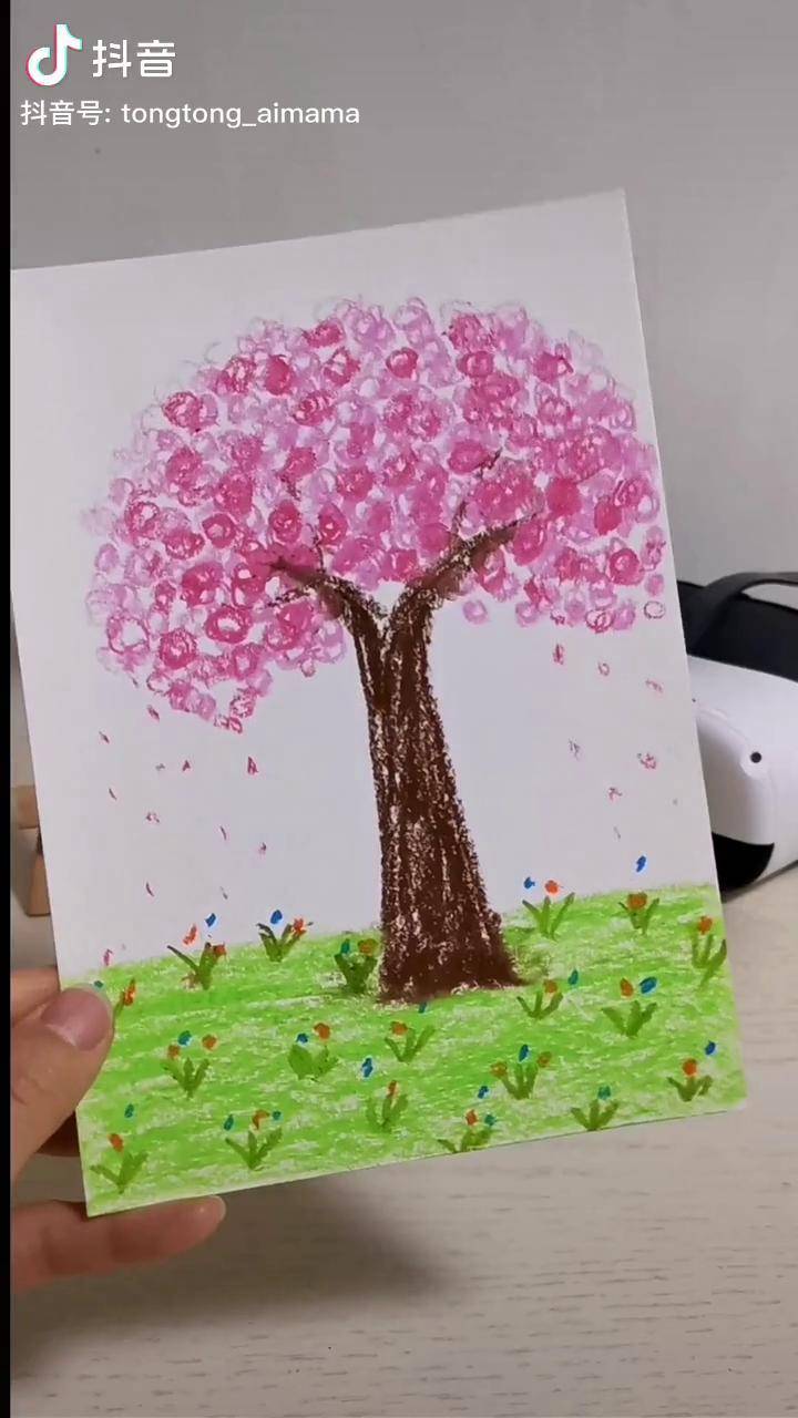 3-5岁油画棒创意儿童画:樱花树春天主题画 樱花 绘画手工 创意美术