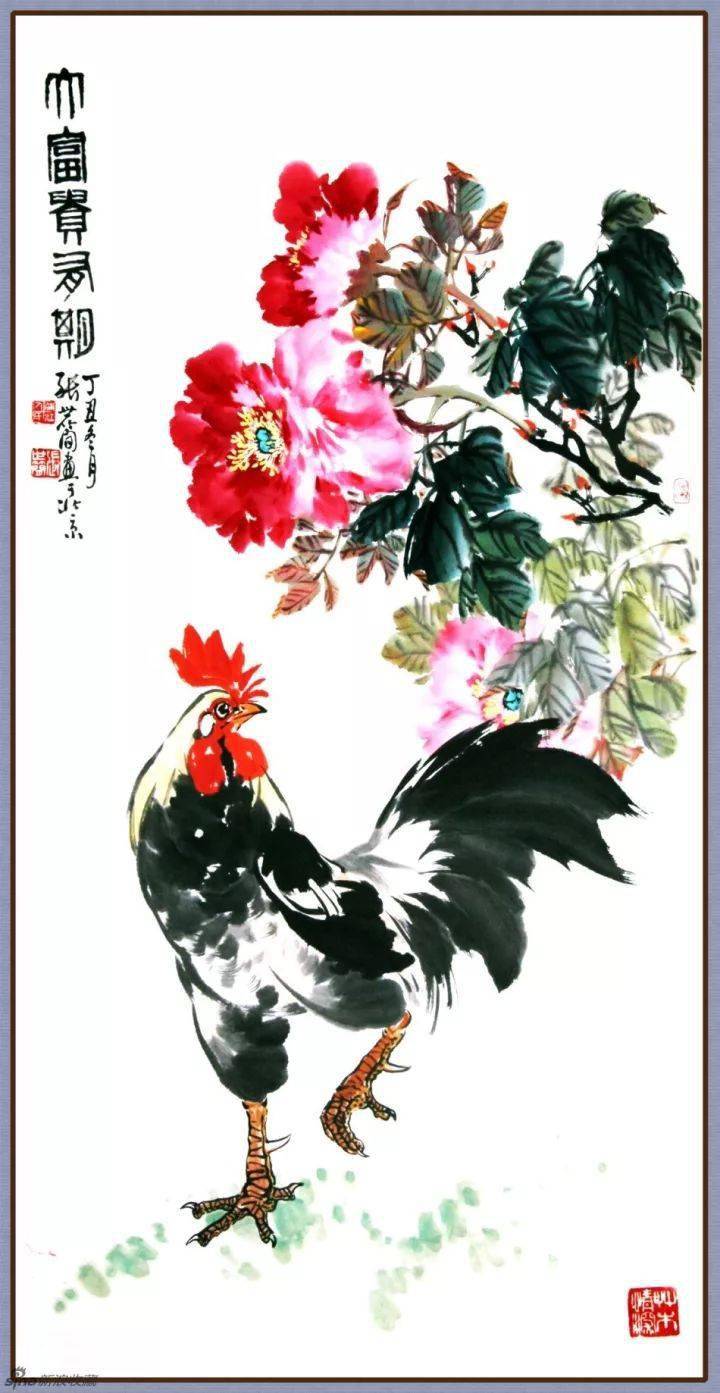 现当代名家:张世简花鸟作品欣赏_迎春_小鸡_牡丹