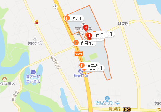 市內可乘坐6,18,21,23,27,82路公交車到黃岡師範學院附近下車.