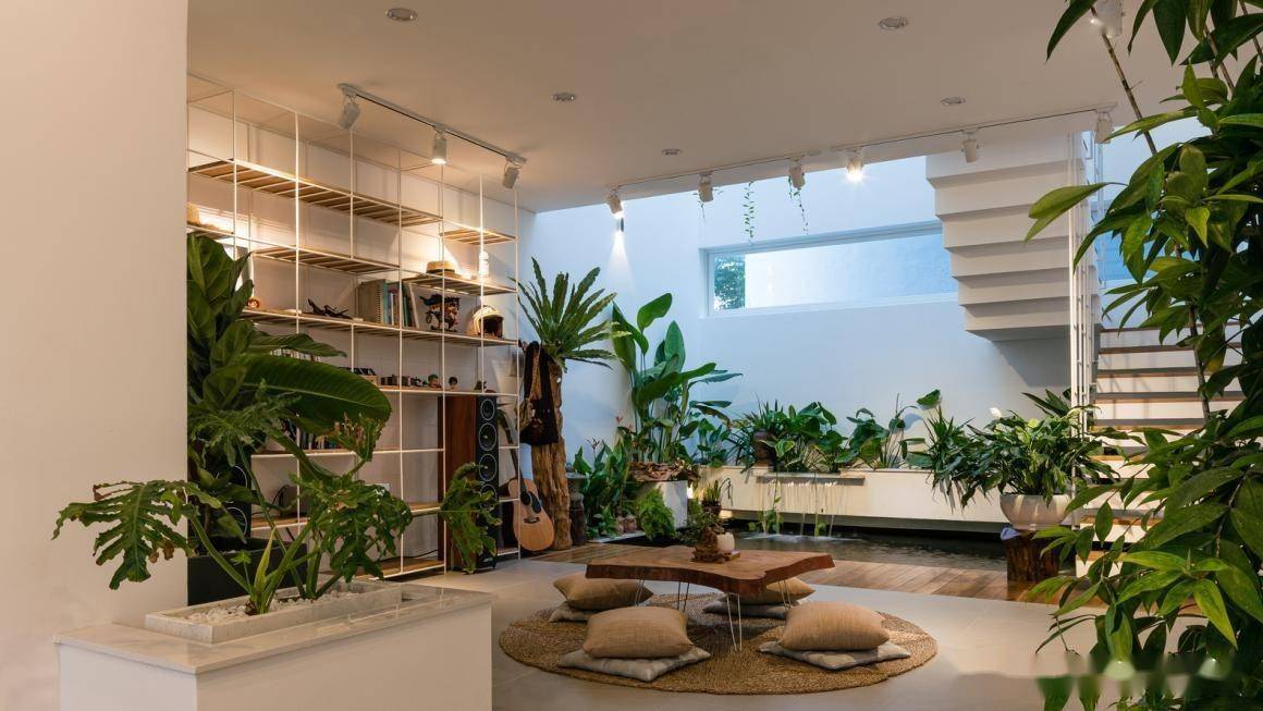 74天井客厅旁的天井下,没有设休闲区,而是选择做个景观鱼池,水里的