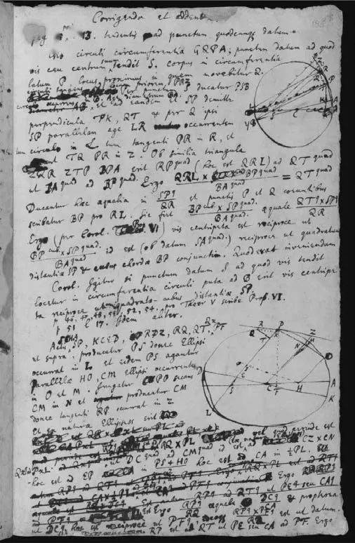 牛顿手稿中的一页,内容是为《原理》所做的笔记