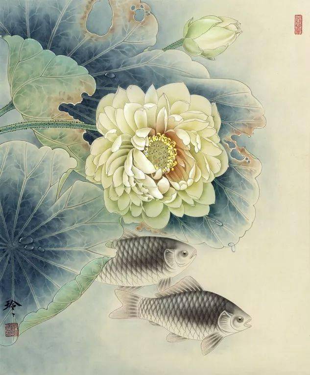 郑玲玲工笔《荷花叶下鲫鱼醉》图文步骤详解_白粉_青墨_藤黄