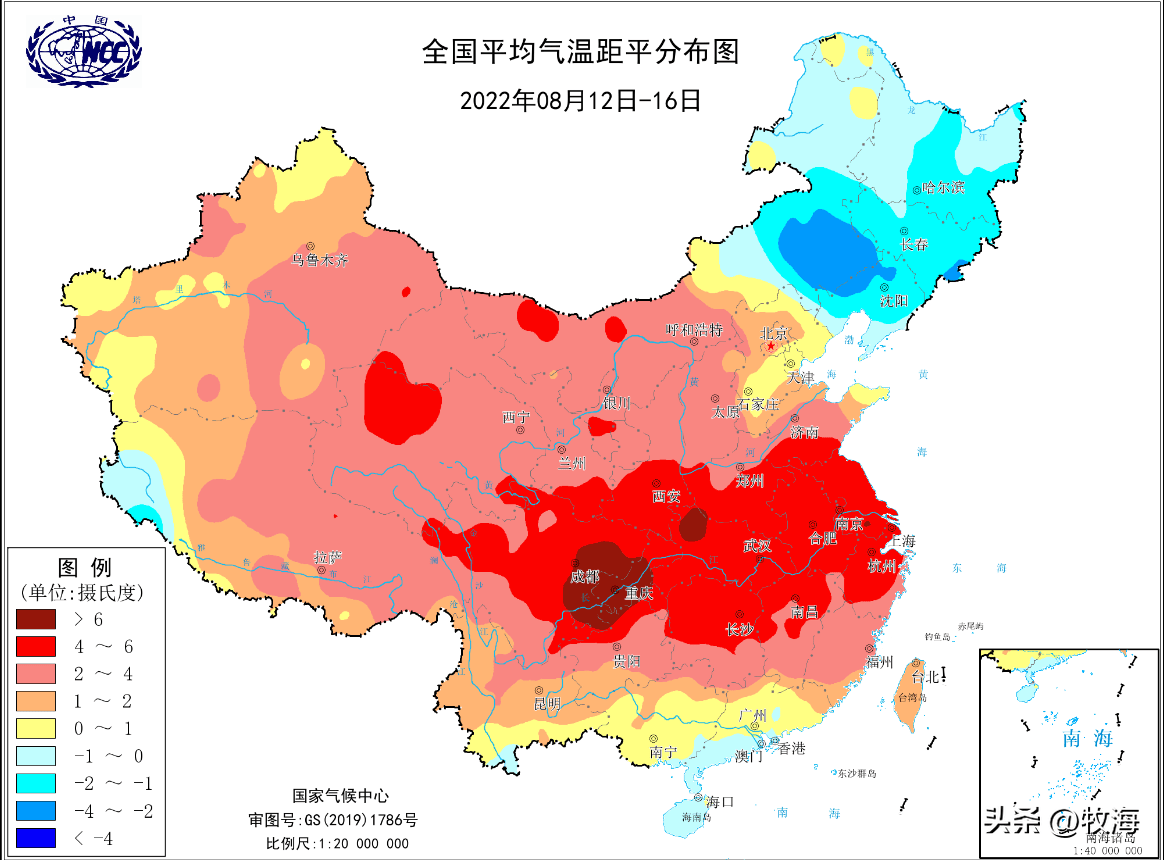 再根据全国平均气温的距平分布图,8月12~16日,川渝一带的平均气温比