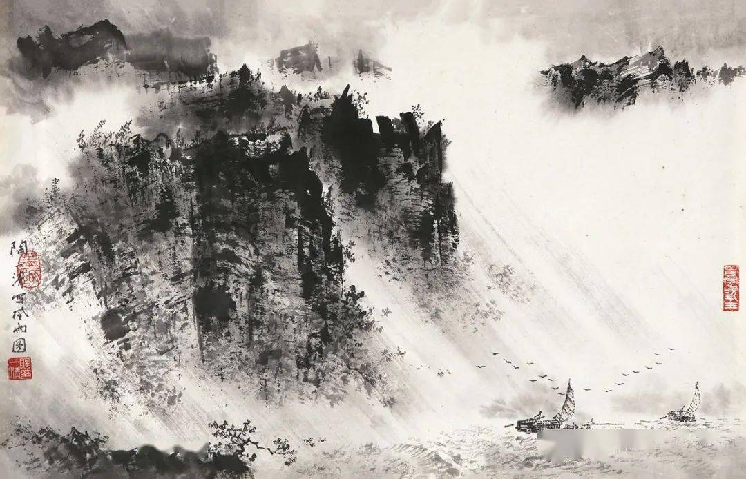 偉い中国画伯厳正安　層巒煙雲 水墨画 山水画 偉い中国画伯厳正安 層巒煙雲 水墨画 山水画 雲山煙樹図（墨山水