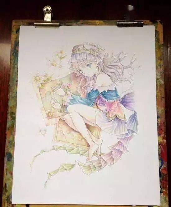 动漫美少女彩色铅笔画绘画图文步骤33:没上草地背景前的完成图,为什么