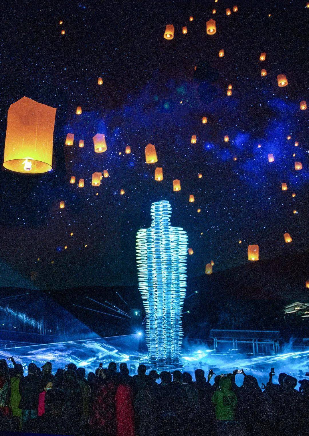 拈花湾孔明灯放飞,景象空前壮观_表演_光影_月亮