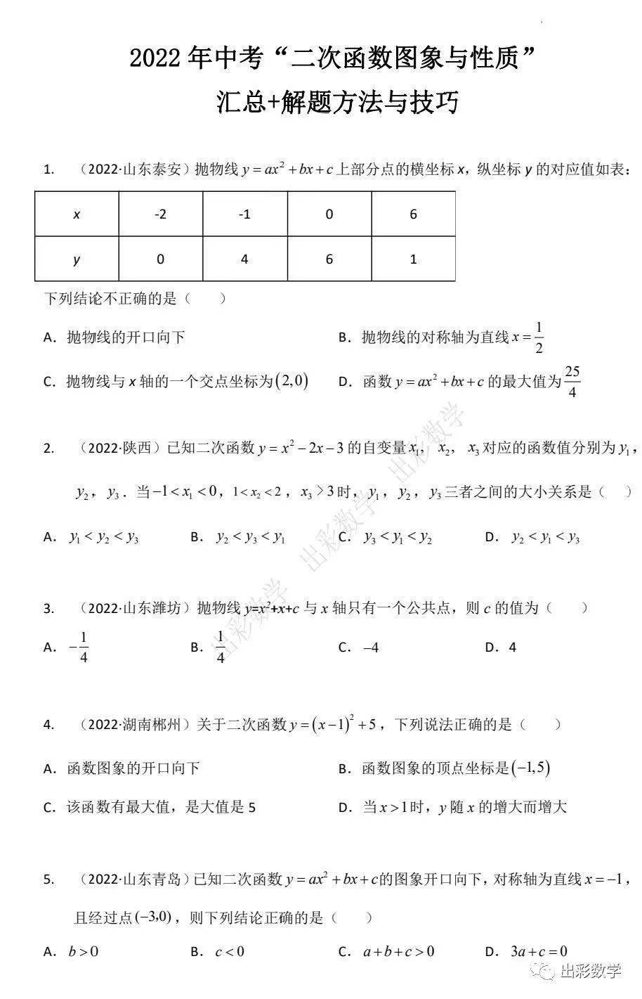 2022年中考“二次函数图象与性质”汇总+解题方法与技巧_手机搜狐网