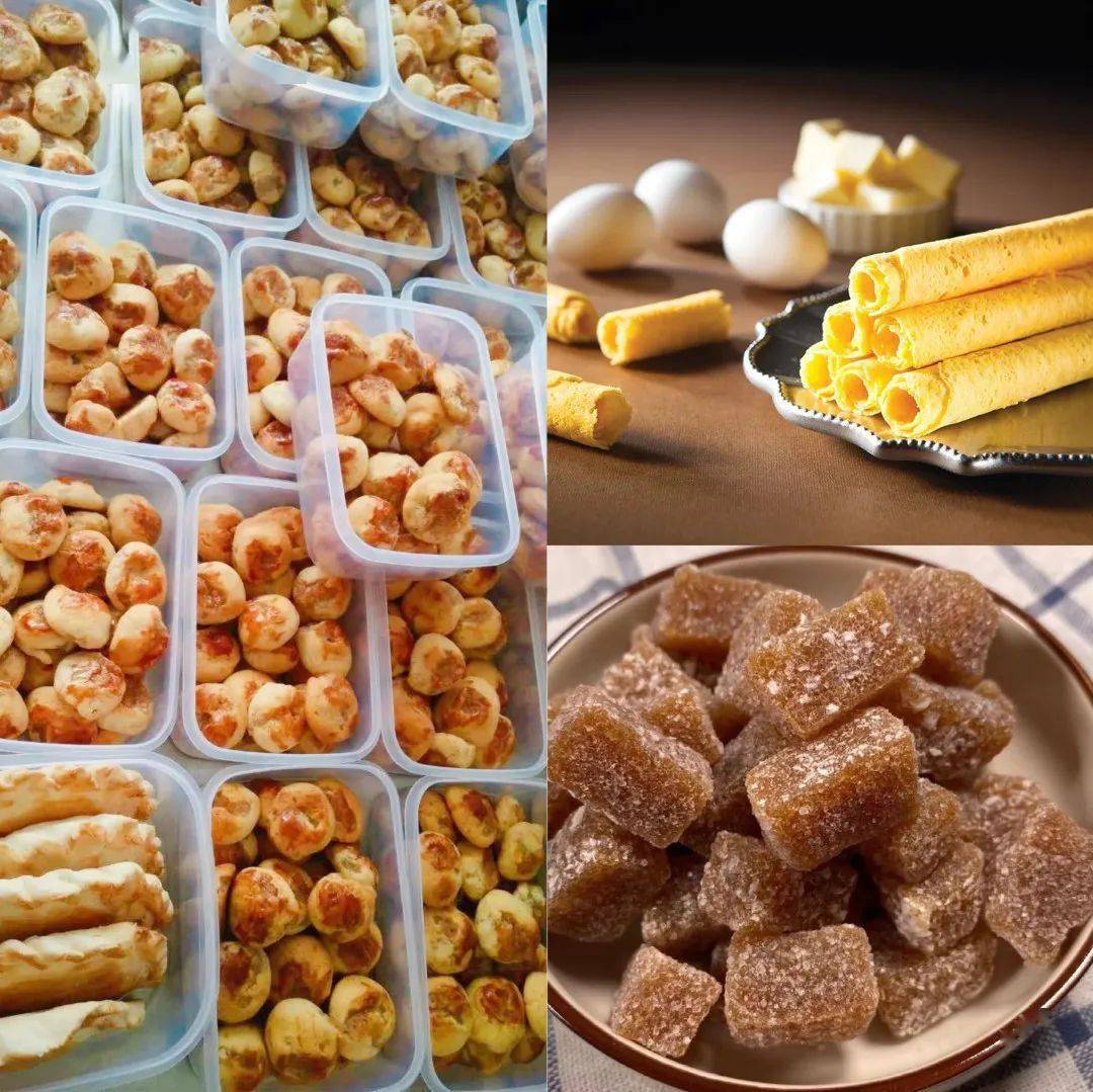 鸡仔饼,蛋卷,牛耳朵,黑芝麻软糖,山楂,姜糖等等东莞传统手工小吃这里