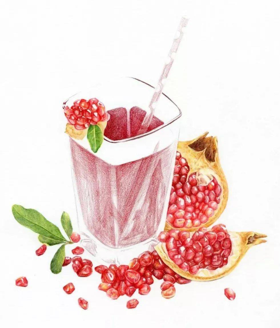 彩铅水果教程 | 一杯鲜榨石榴汁 水果画法步骤图_颜色_玻璃杯_叶子