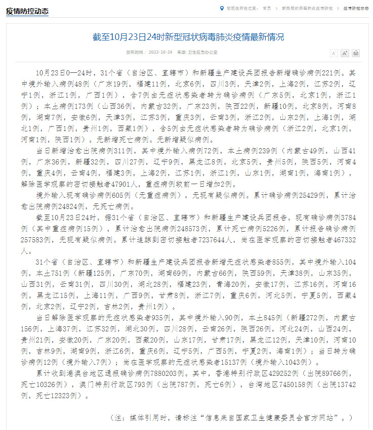 截至10月23日24时我省新型冠状病毒肺炎疫情最新情况 病例 感染者 浙江