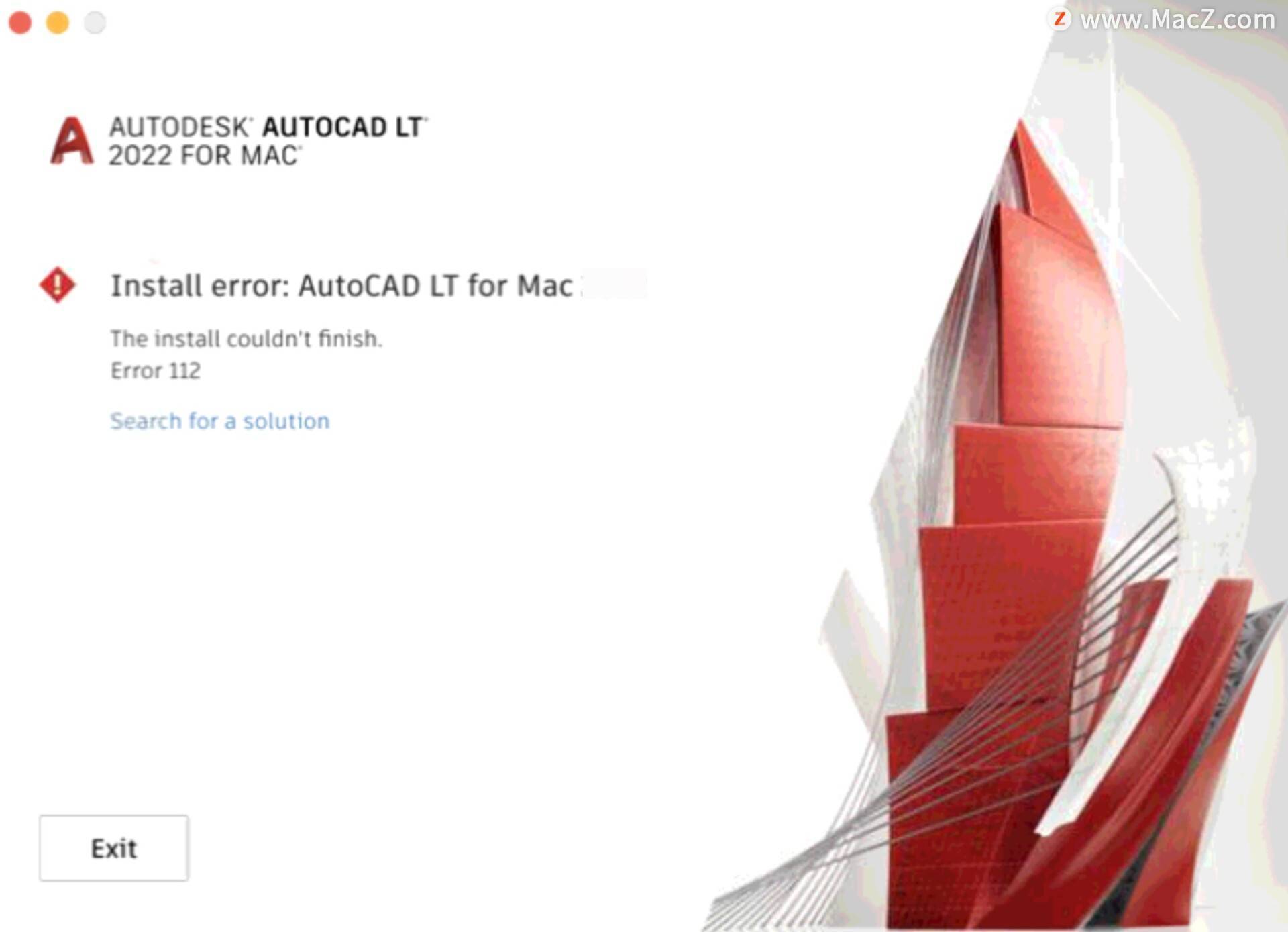 mac版 AutoCAD(LT)安装失败，提示“Error 112”的解决方法