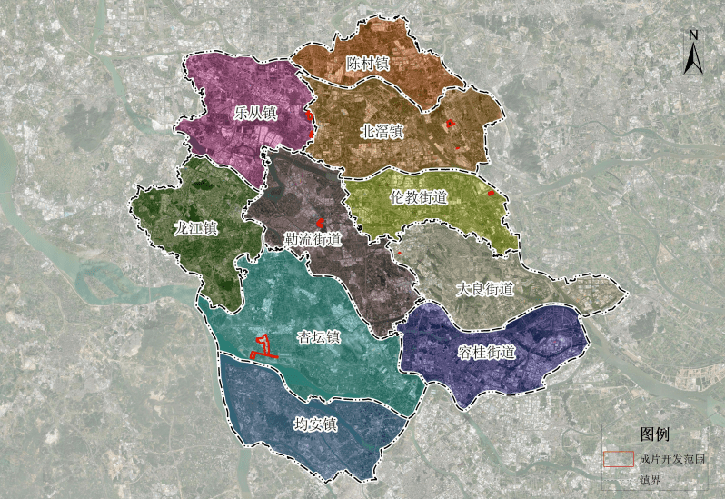 共划分为6个片区乐从镇,北滘镇,杏坛镇6个镇街顺德区大良街道,伦教