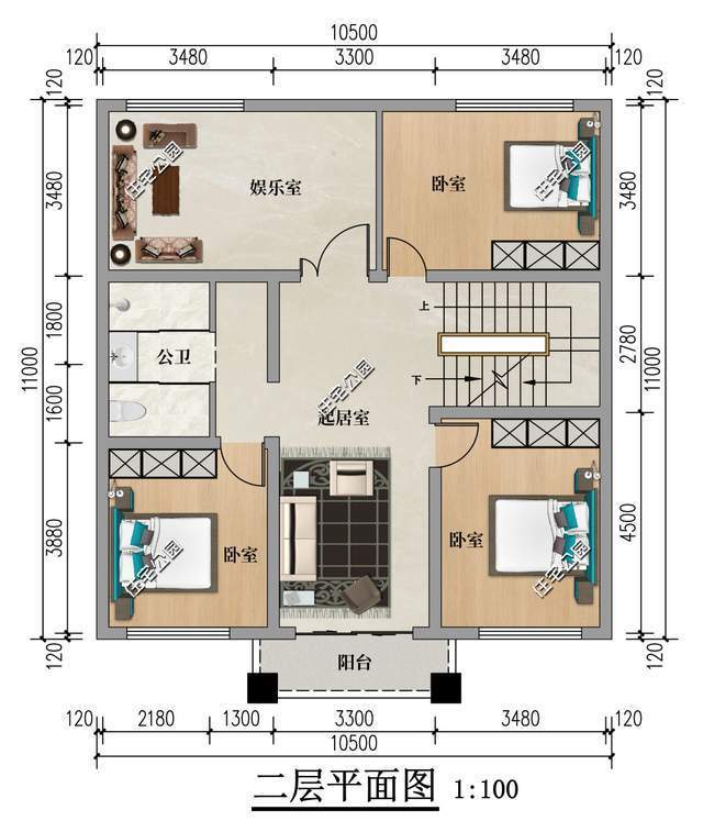 10×12米二层新中式夹心房,7米大客厅 多朝南卧室住着更舒适