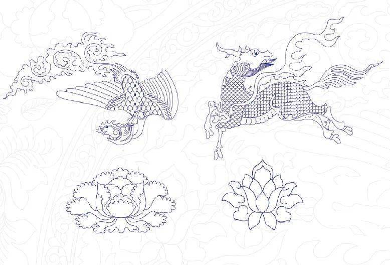从青花瓷盘上的青地描白牡丹麟凤纹到和玺彩画上的卷草花卉龙凤纹.