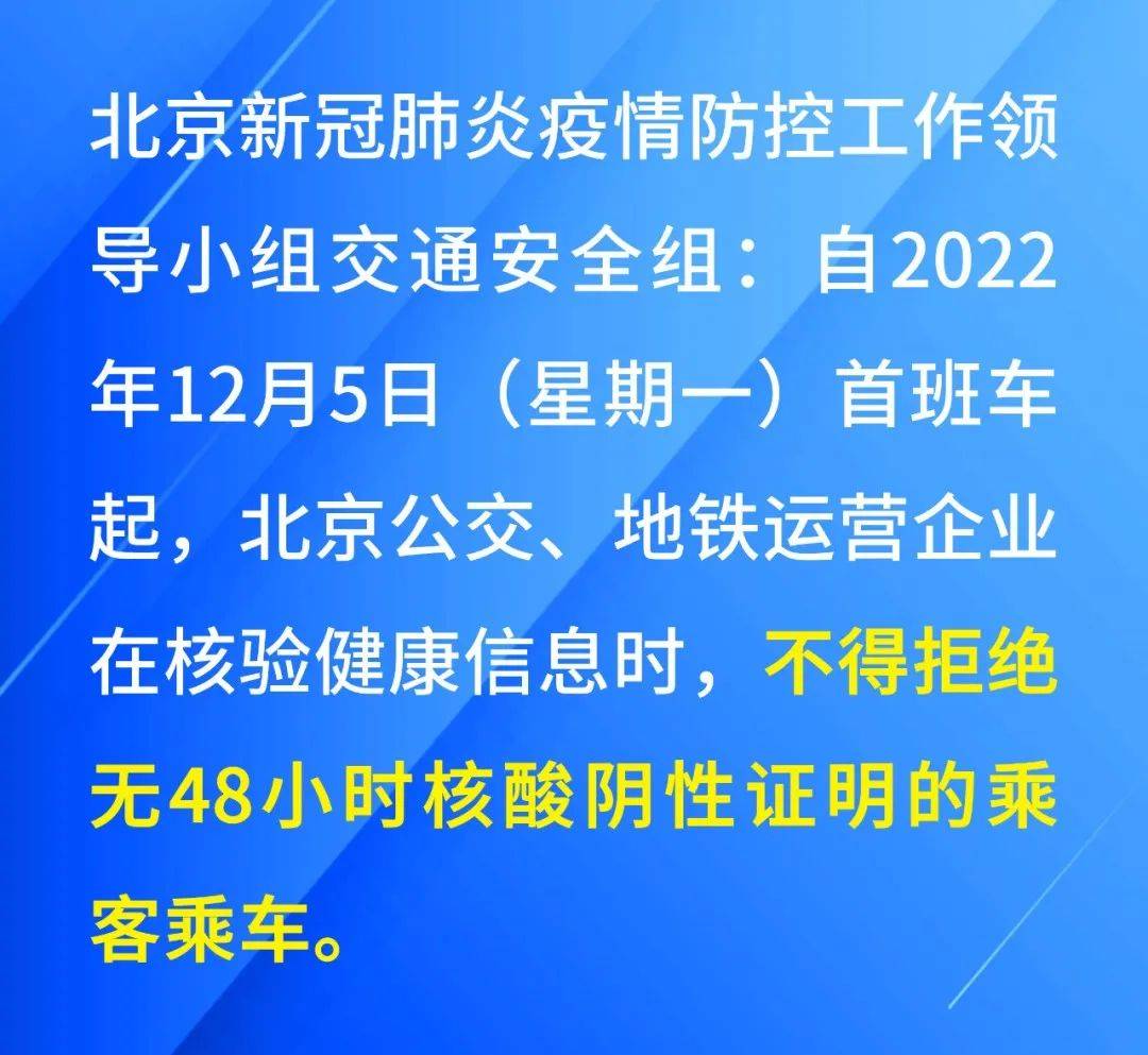 自12月5日起，公交、地铁不得拒绝无48小时核酸阴性证明的乘客乘车 北京 疫情 防控