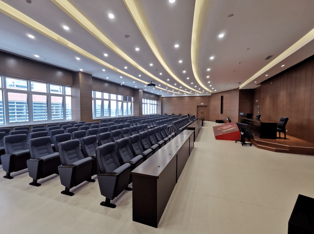 中医医院总体设计风格为新中式与现代极简相结合,医院大厅,科研报告厅