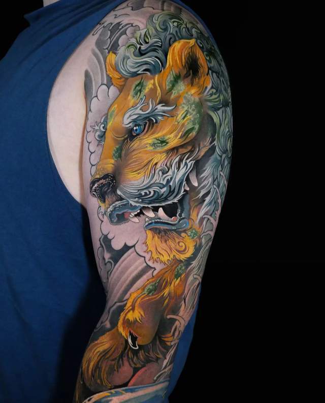 花臂纹身,满背纹身,彩色写实纹身图案_老虎_星空_上海