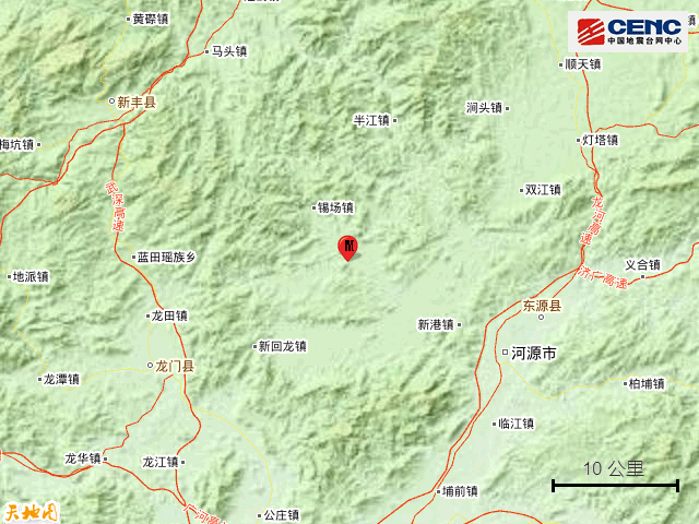 河源市东源县21日01时03分发生3.6级地震