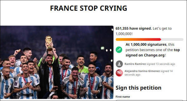 法国队球迷请愿重赛后，超65万阿根廷球迷请愿回击“法国别再哭了”