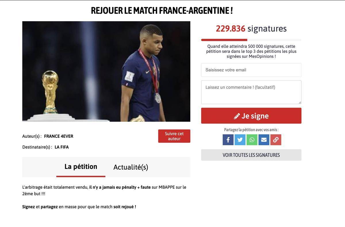 超20万人请愿世界杯决赛重踢后，70余万阿根廷队球迷签名让“法国别哭了”