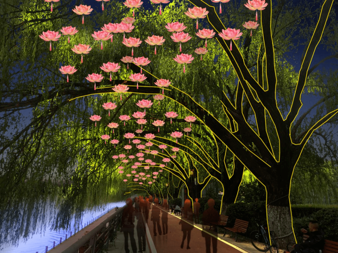 金沙滩,漯湾古镇澧河码头区域集中展示,设置有"灯组区,灯树区,灯带区