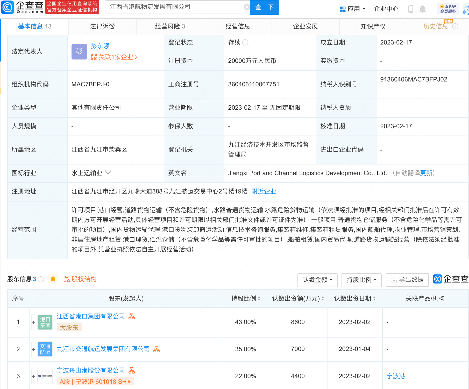 宁波港于江西投资设立物流开展公司，注册本钱2亿元