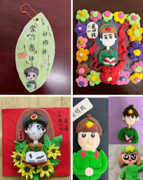 高年级学生制作学习雷锋精美手抄报, 低年级制作雷锋粘土相框画.