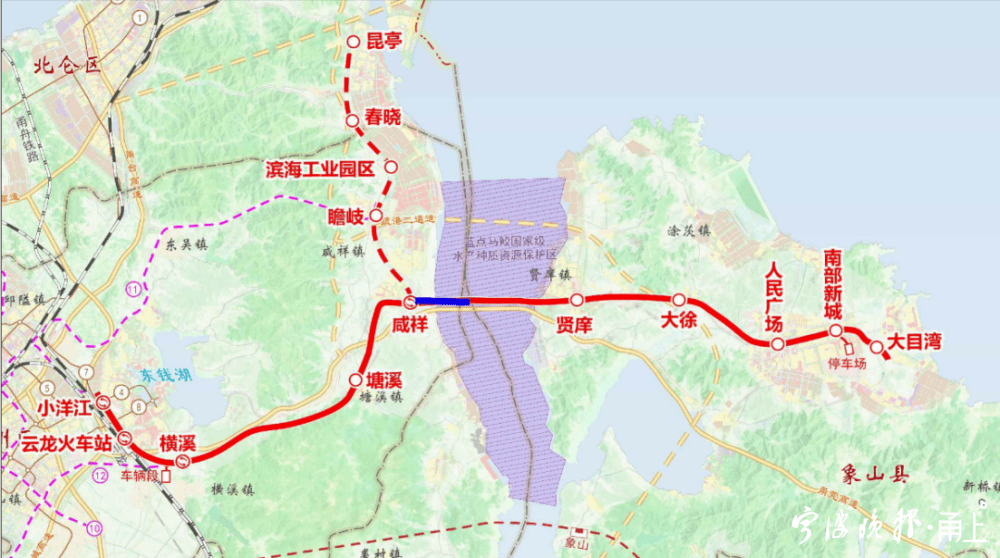 本段线路自咸祥站引出,穿越山体,后上跨沿海中线,沿甬莞高速既有象山