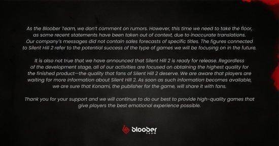 Bloober Team官方辟谣“《寂静岭2：重制版》制作完成,卖出1000万份”