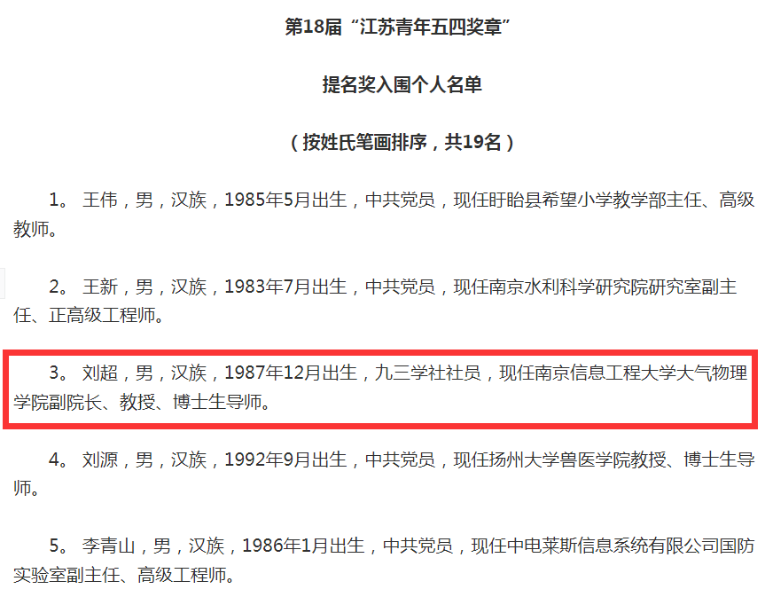 南信大教授入围第18届"江苏青年五四奖章"名单!_集体_个人_团队