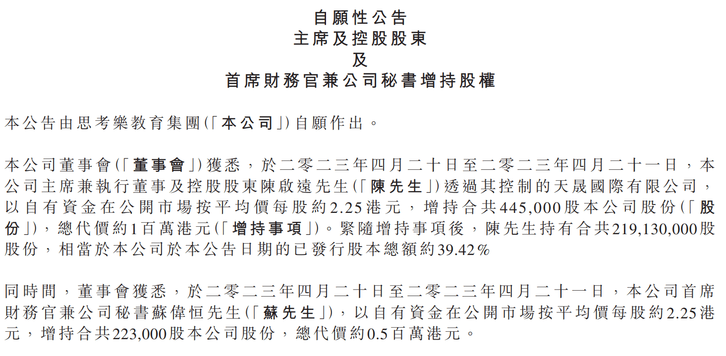 “思考乐甄选”预期三年GMV超15亿元 ，思考乐创始人及CFO增持股份