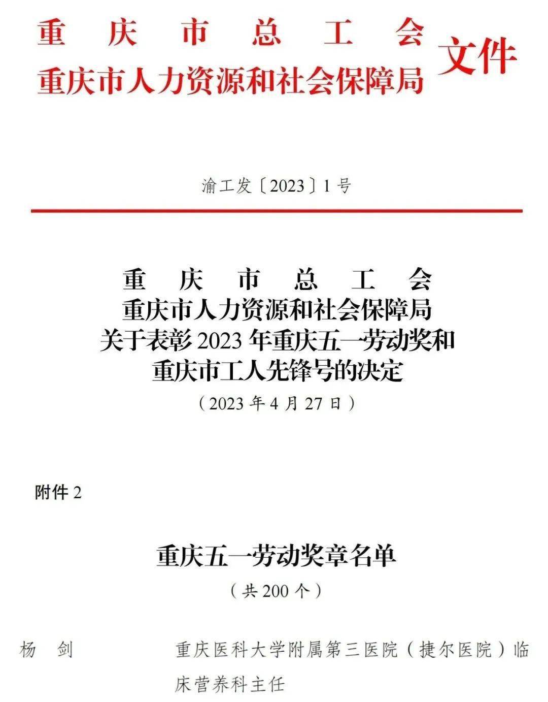 我院临床营养科主任杨剑荣获2023年重庆市五一劳动奖章