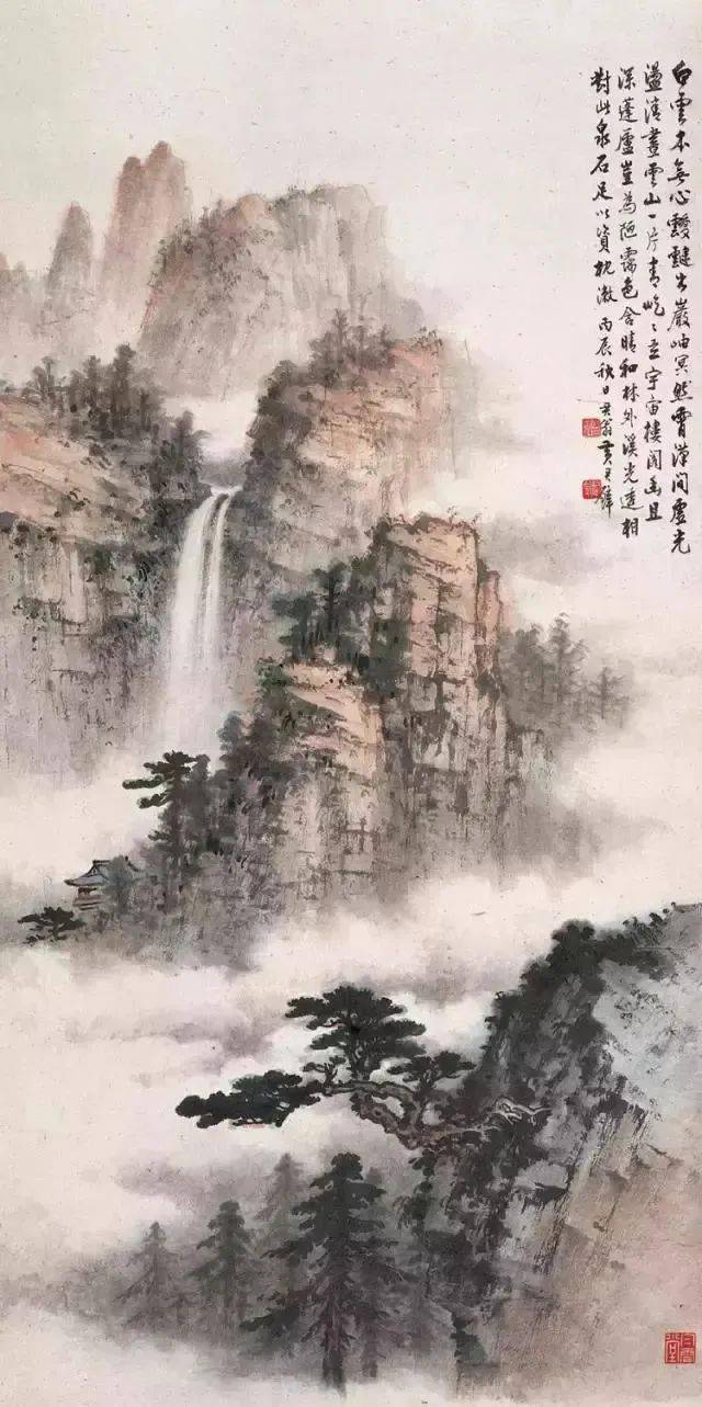 国立博物館旧藏山水画黄君璧高崖飞瀑轴 他的云水瀑布，气势万千_搜狐网