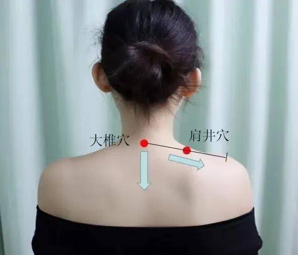 下凹陷中,即低头时脖子后方隆起最高的骨头下方)与肩峰端连线的中点上