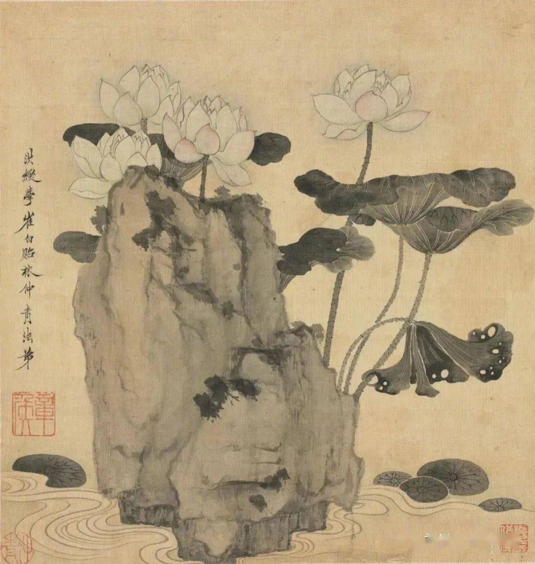 【诗画阅微】陈老莲笔下的荷花:荷叶带露,娉婷舒展,画面充满了生机与
