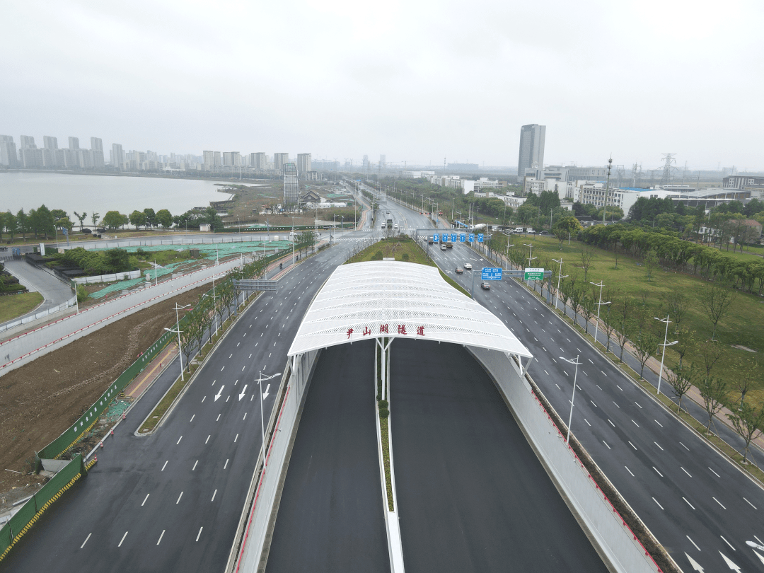 依湖路后起坡,向东沿东方大道以高架形式跨越苏申内港线,中环东线,与