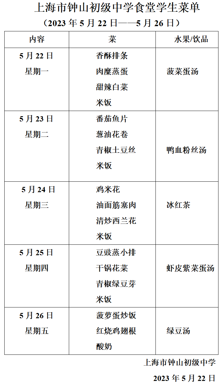 上海市钟山初级中学食堂学生菜单