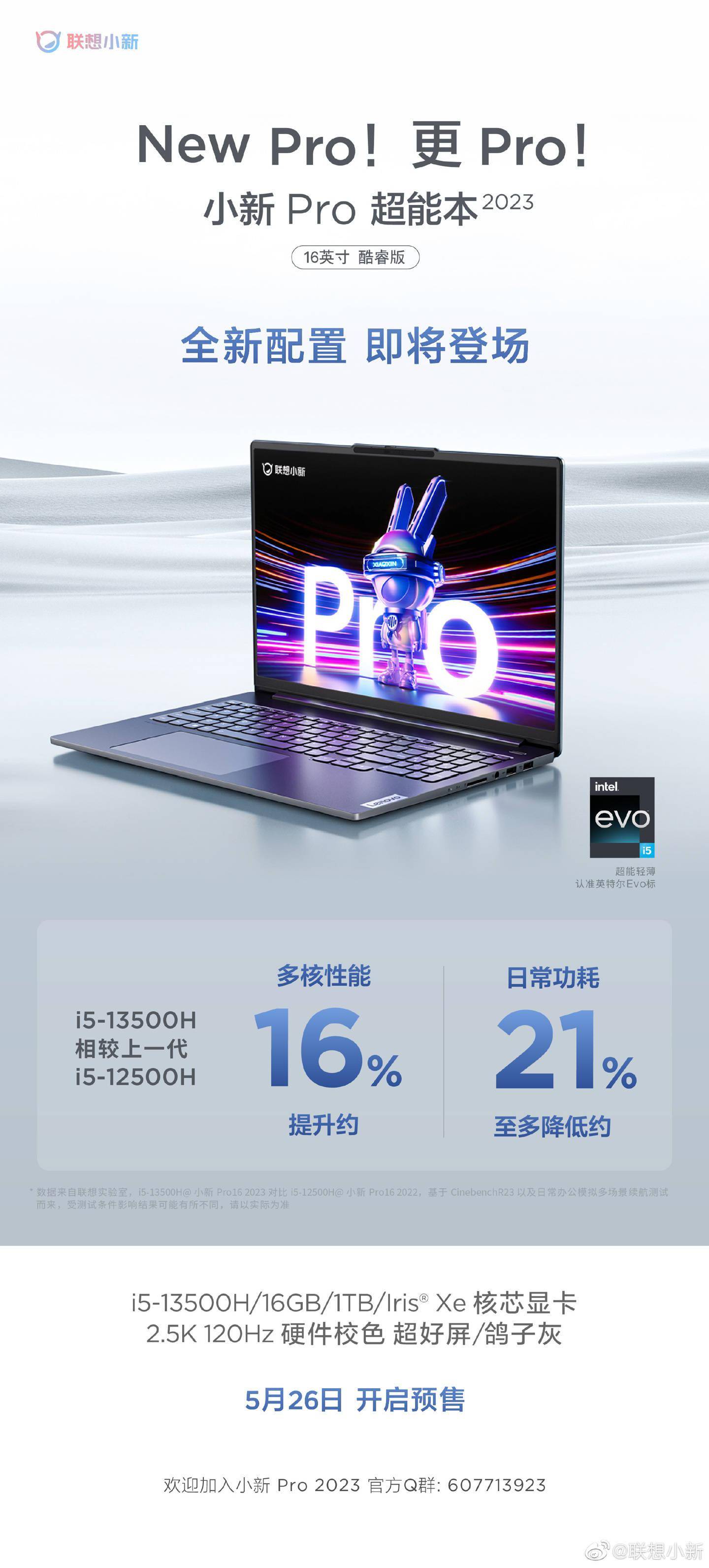 联想推出小新Pro 16 2023笔记本新配置 比上代性能提高16%