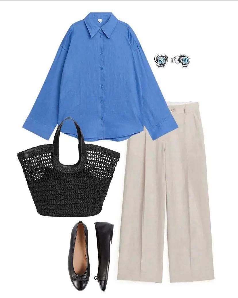 大气潇洒的阔腿裤,可以跟海蓝色衬衣穿出随形的味道,再加上棉布面料