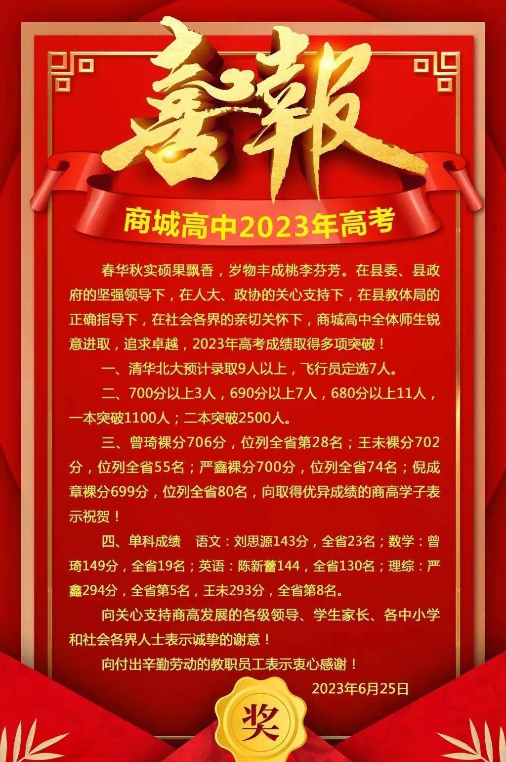 信高丶罗高丶商高丶息高丶光二高等高考喜报迭出,一家更比一家强