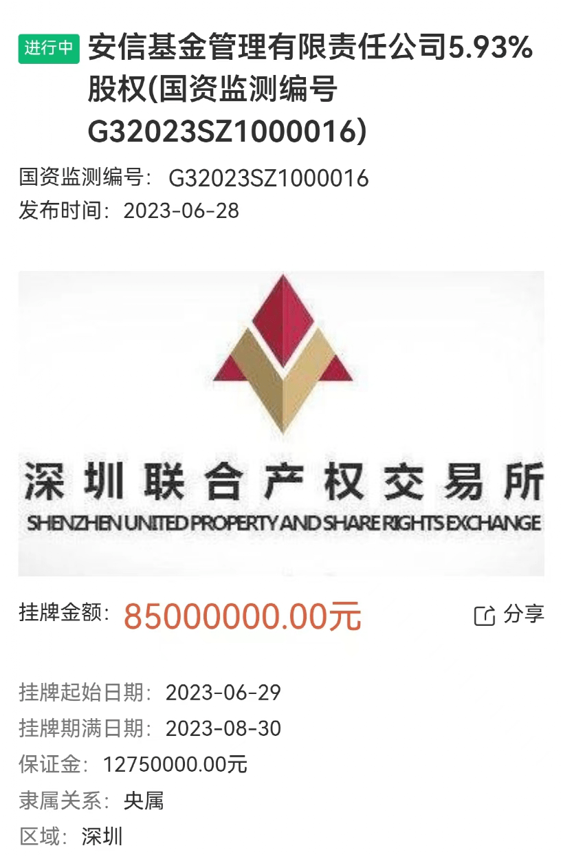 深圳联合产权交易所信息显示,中广核财务有限责任公司持有的安信基金